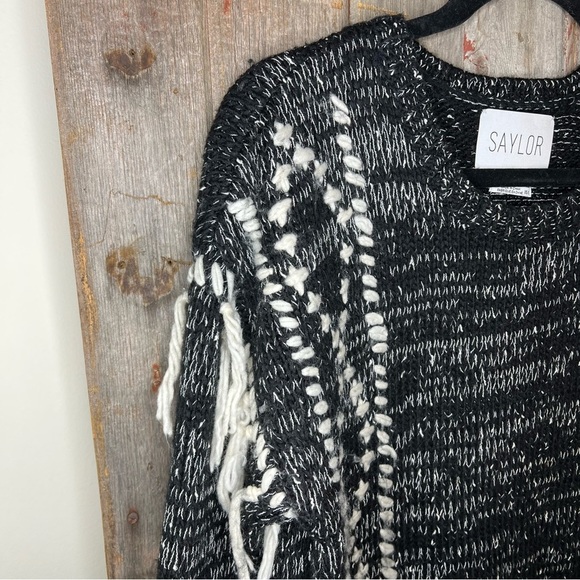 Saylor Oversized Black and White Fringe Sweater with Open Sides size XS/ S - Picture 3 of 14